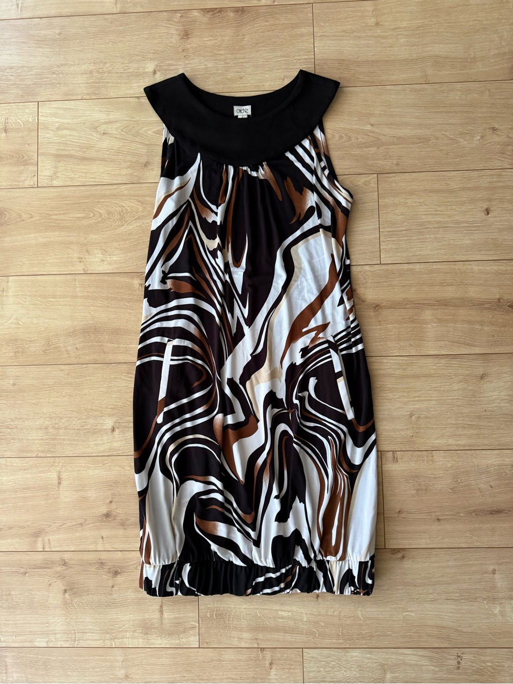 Vintage Cache Abstract Print Bubble Hem Dress Size 2 Brown Black Sleeveless Y2K
